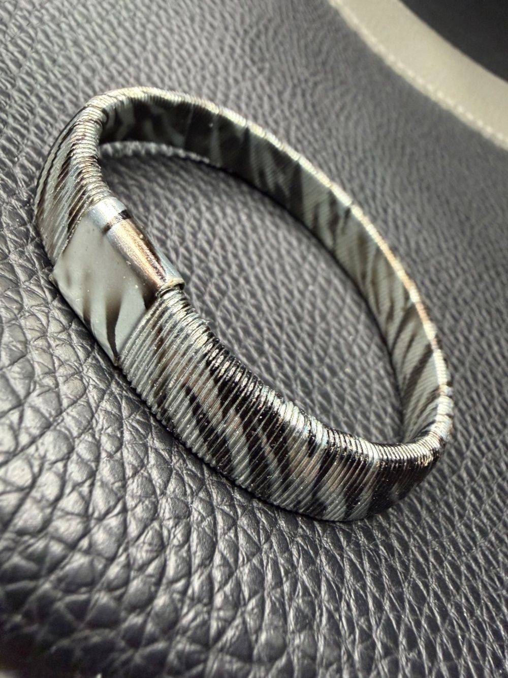 Vintage Stainless Steel Wire Stretch Bracelet w/Black Enamel Zebra Print 8.5"